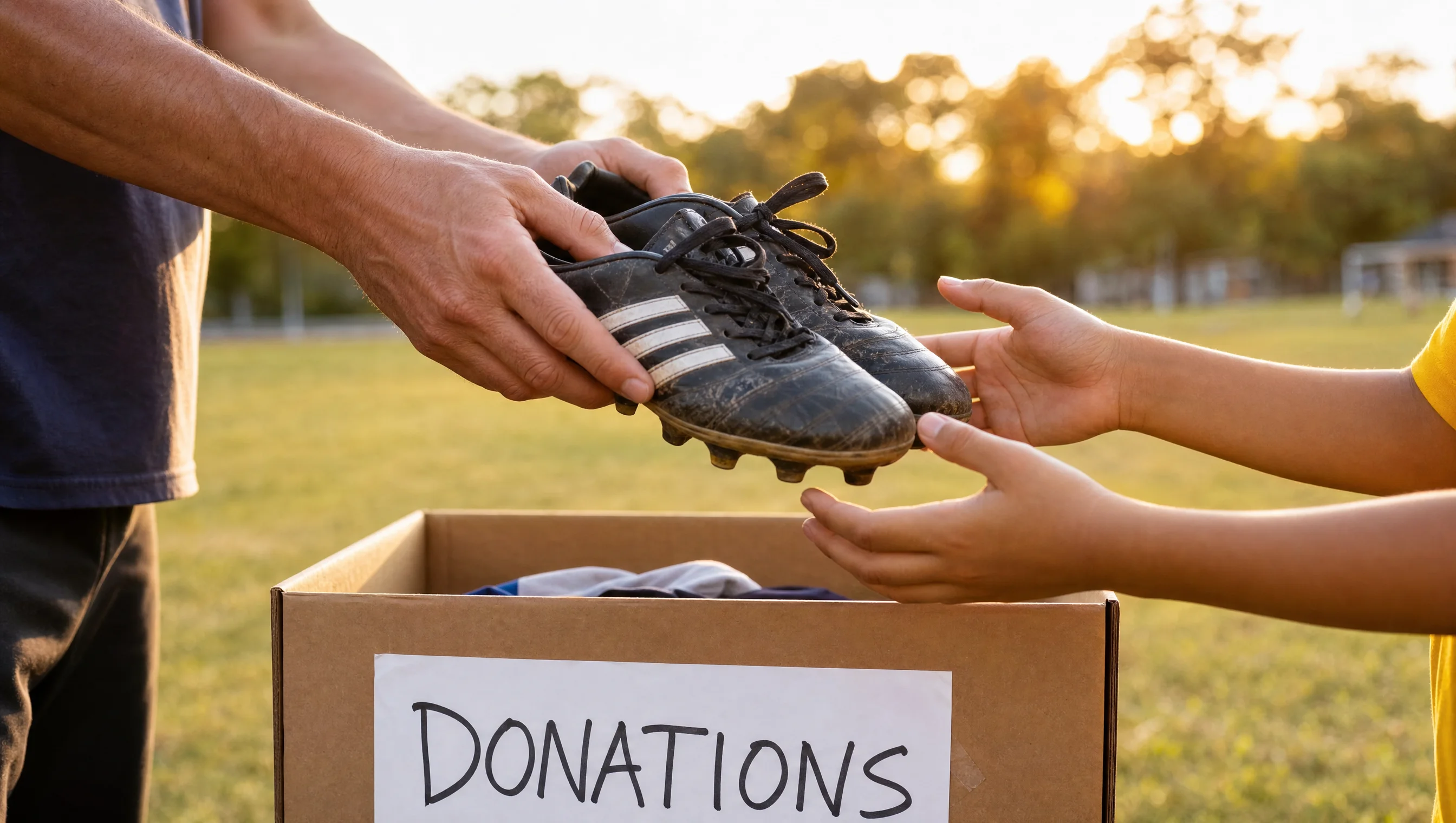 Worn soccer cleats being handed from a parent to a child over a donations box, ready for a new game to play